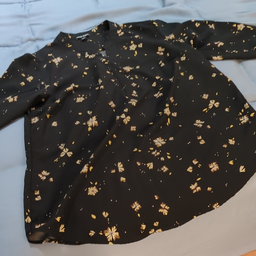 Hilary Radley Black Blouse with Yellow Floral Design